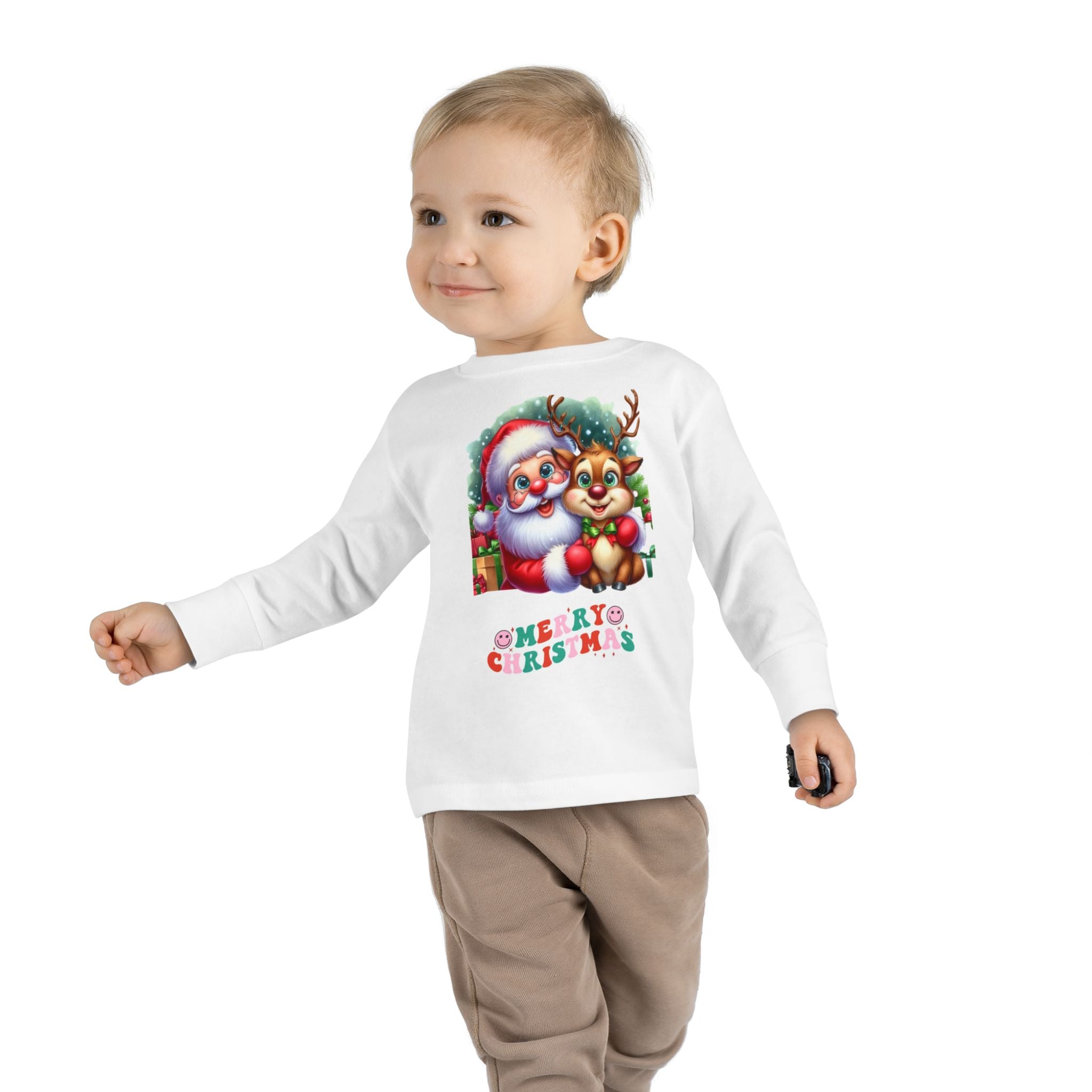 Toddler Christmas Long Sleeve Tee, Merry Christmas Tee, Holiday Outfit, Kids Tee, Santa and Reindeer Shirt, Toddler Gift