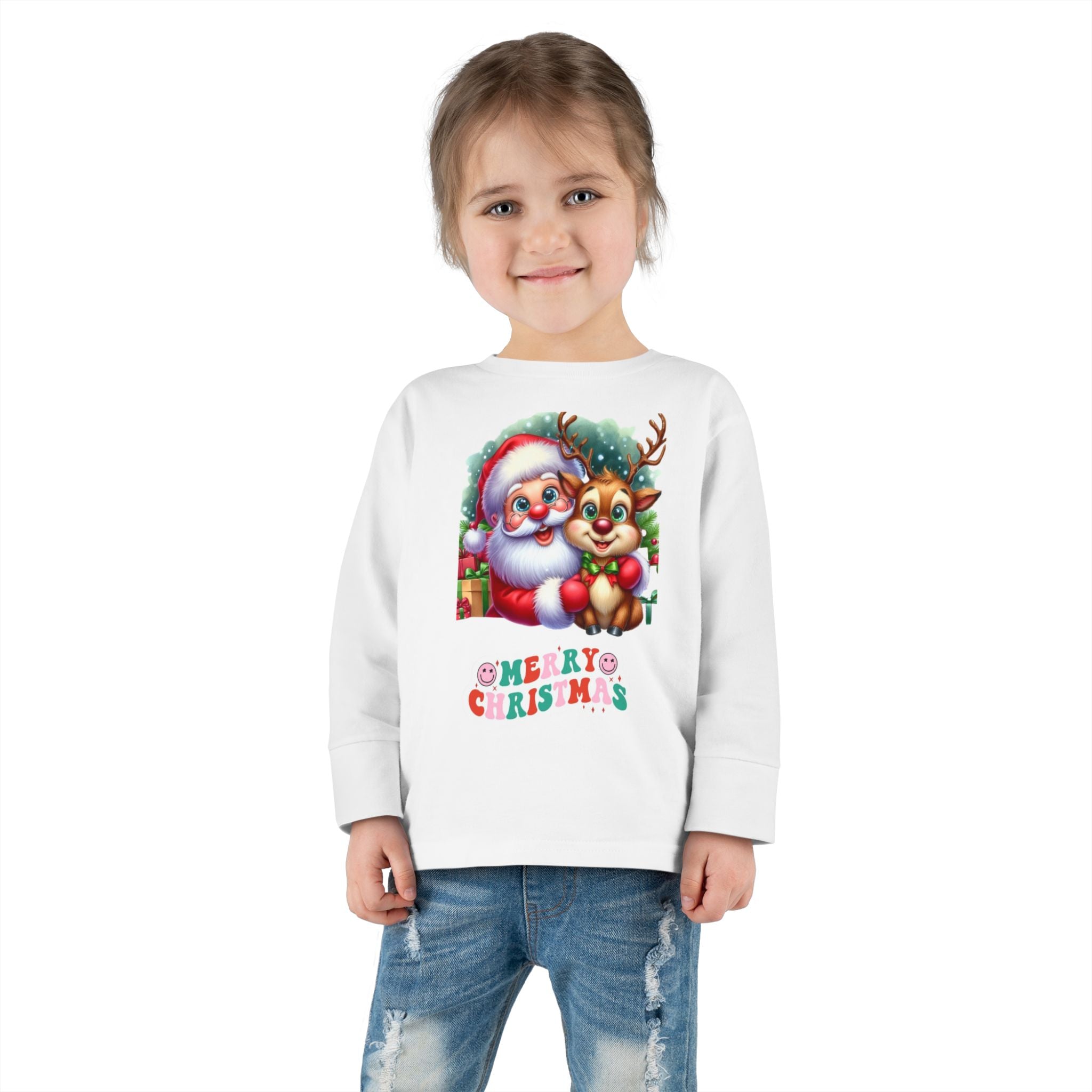 Toddler Christmas Long Sleeve Tee, Merry Christmas Tee, Holiday Outfit, Kids Tee, Santa and Reindeer Shirt, Toddler Gift
