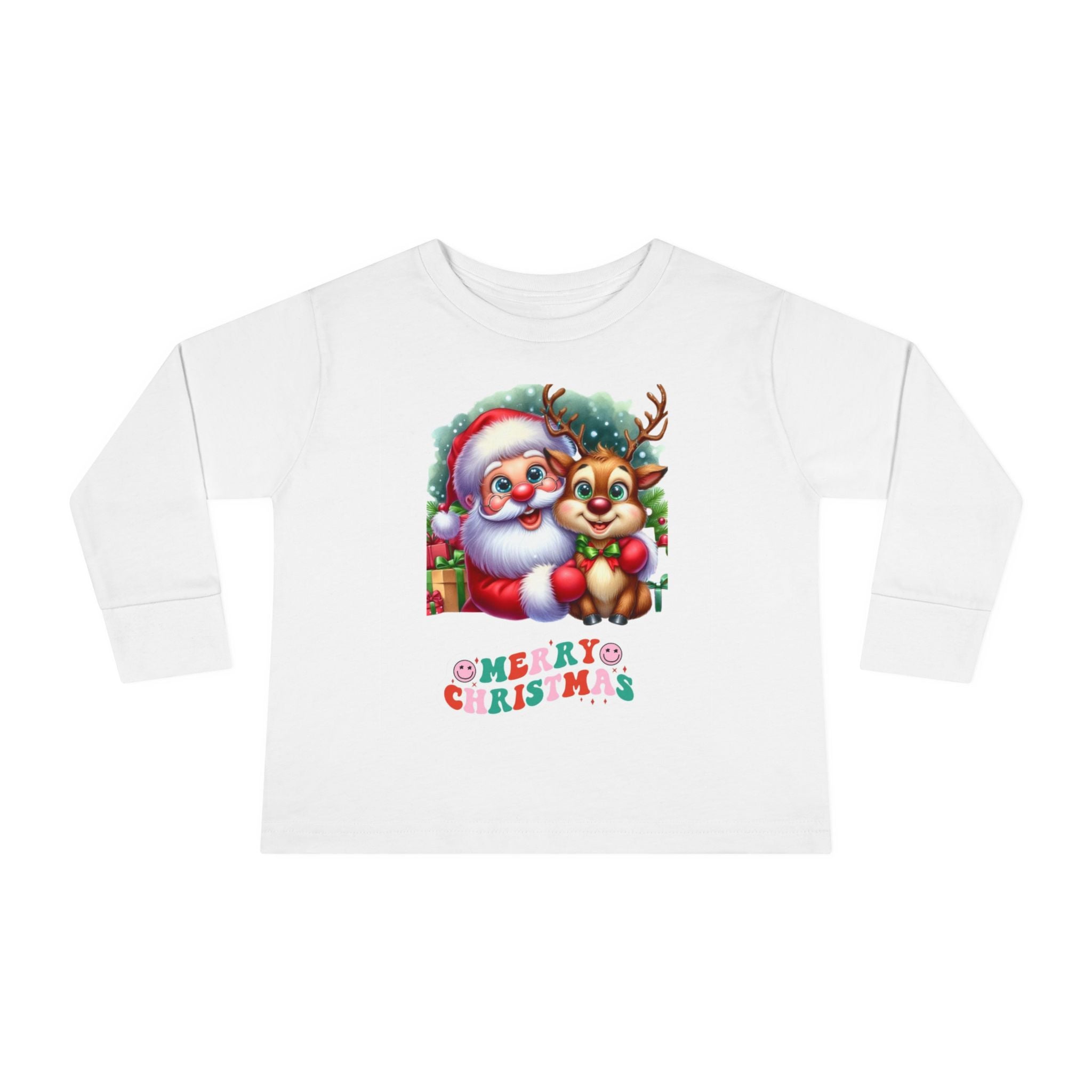 Toddler Christmas Long Sleeve Tee, Merry Christmas Tee, Holiday Outfit, Kids Tee, Santa and Reindeer Shirt, Toddler Gift