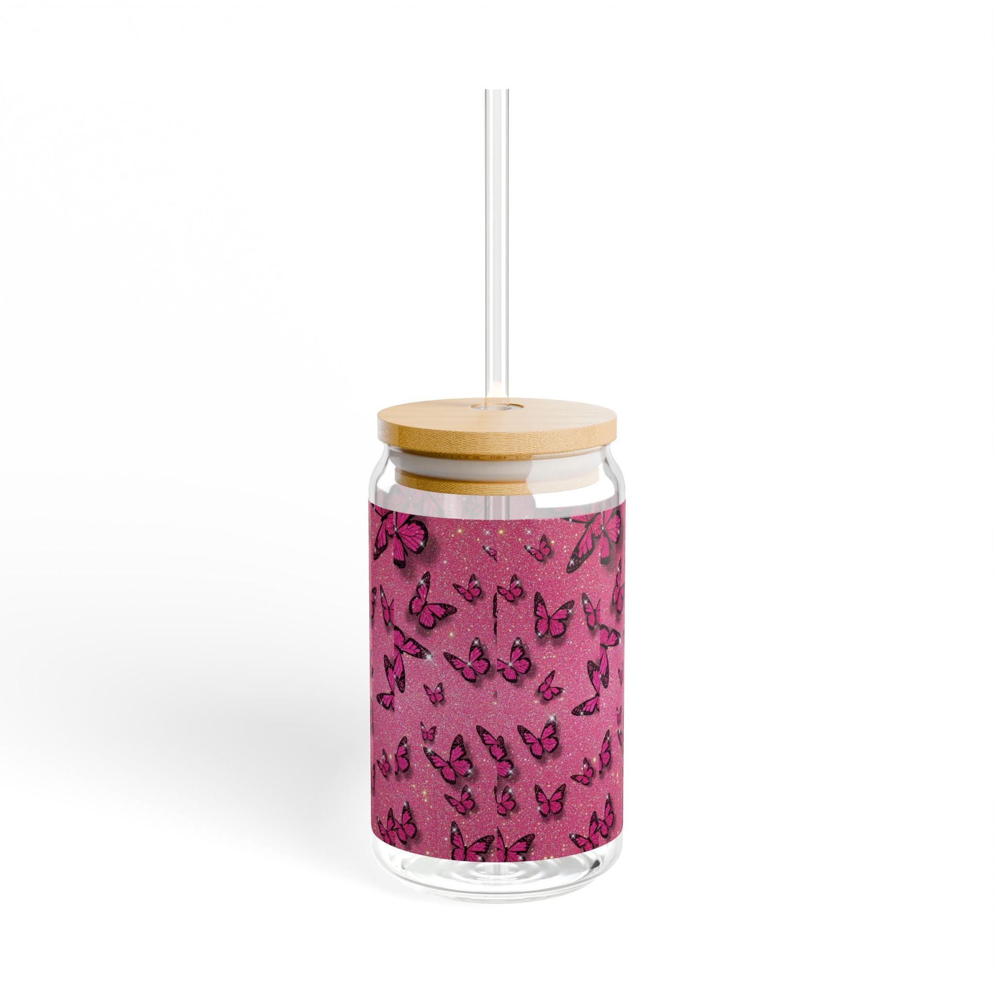 Sipper Glass, Butterfly Patterned Sipper Glass, 16oz | Summer Drinkware, Home Bar Decor, Gift for Her, Eco-Friendly Beverage Container, Party Supplies
