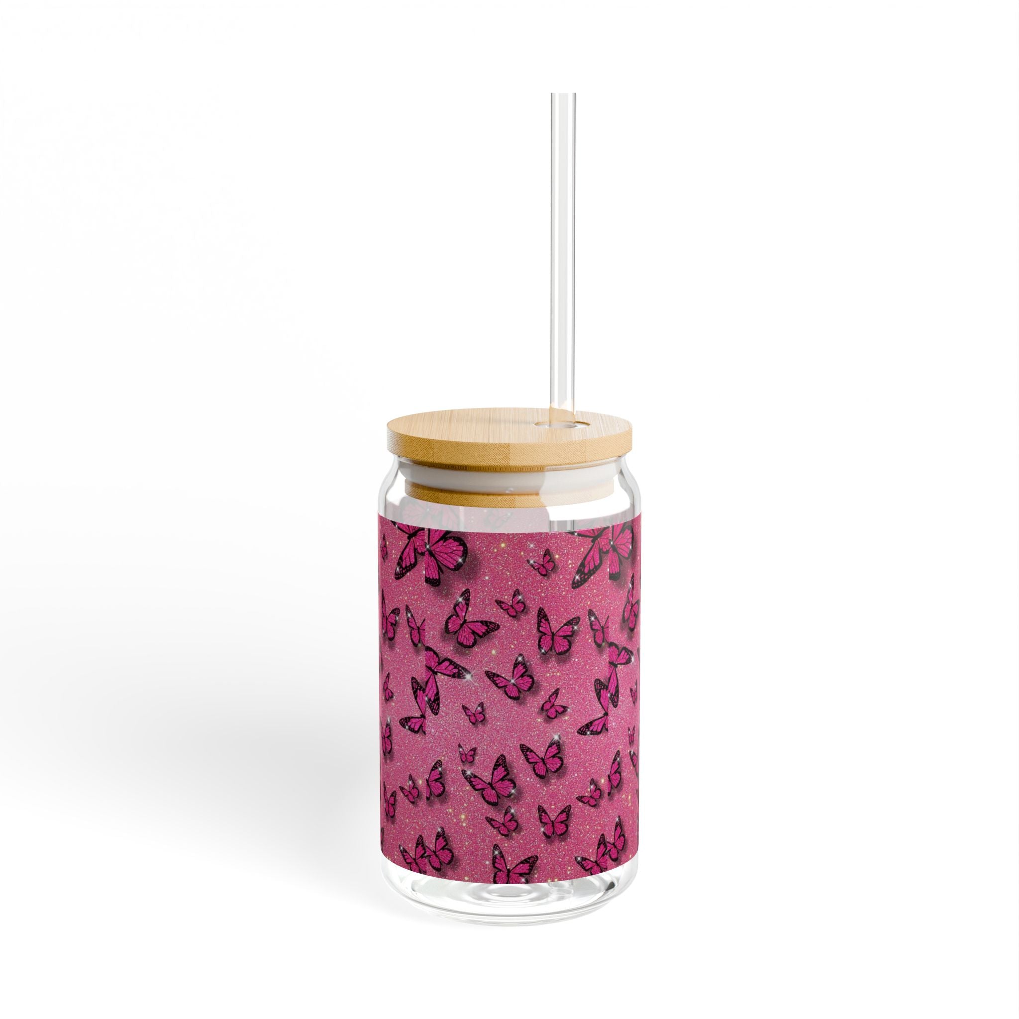 Sipper Glass, Butterfly Patterned Sipper Glass, 16oz | Summer Drinkware, Home Bar Decor, Gift for Her, Eco-Friendly Beverage Container, Party Supplies