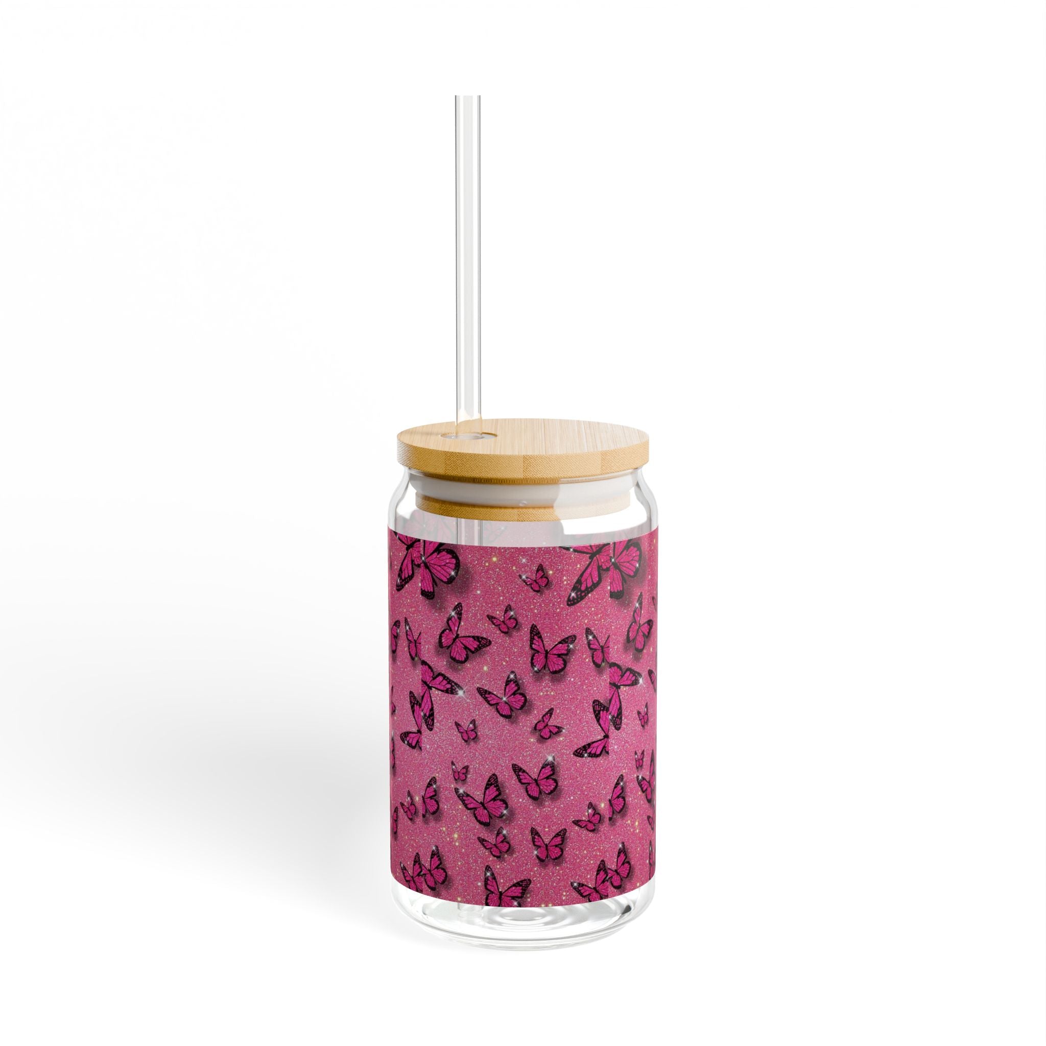 Sipper Glass, Butterfly Patterned Sipper Glass, 16oz | Summer Drinkware, Home Bar Decor, Gift for Her, Eco-Friendly Beverage Container, Party Supplies